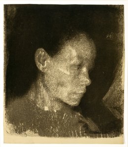 Kopf einer arbeitenden Frau im Dreiviertelprofil nach rechts gewandt, 1905 von Käthe Kollwitz