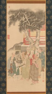 Zehn Rakan, die ein Gemälde von Weißgekleideter Kannon betrachten
