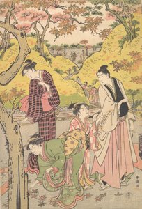 Ein junger Mann, zwei junge Frauen und ein Mädchen bei einem Picknick, ca. 1789 von Katsukawa Shuncho