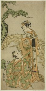 Die Schauspieler Nakamura Nakazo I als Matsukaze (rechts) und Ichikawa Komazo I als Yukihira (links), im Stück Kuni no Hana Ono no Itsumoji, aufgeführt im Nakamura-Theater im elften Monat, 1771