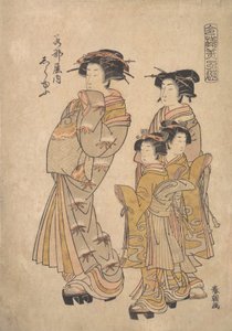 Die Oiran Shirayu von Wakanaya mit zwei Kamuro und Shinzo von Katsukawa Shuncho