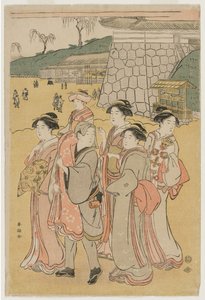 Frauen begleiten ein Mädchen zu einem Schrein, frühe 1790er Jahre von Katsukawa Shuncho