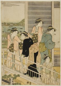 Frauen auf einem Balkon eines Yoshiwara-Tehauses