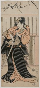 Schauspieler Iwai Hanshiro IV als junge Frau mit einem Schwert, 1791