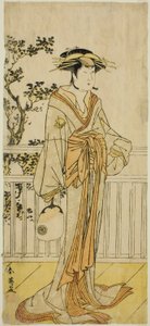 Der Schauspieler Iwai Hanshiro IV als Okumi vom Mieido-Fanshop im Stück Sanjuk-koku Yobune no Hajimari, aufgeführt im Ichimura-Theater im fünften Monat, 1789