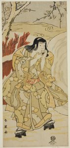 Der Schauspieler Iwai Hanshiro IV als Junge, der auf seine Hände bläst neben einem großen Schneeball, im Stück Nigiwai Genji Hana Saku Kado, aufgeführt im Kawarazaki Theater im elften Monat, 1793