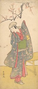 Der vierte Iwai Hanshiro als junges Mädchen, das an einer Holzbank steht, ca. 1790 von Katsukawa Shun