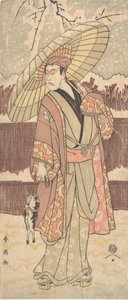 Der vierte Matsumoto Koshiro als ein Mann, der unter einem Regenschirm geht von Katsukawa Shun