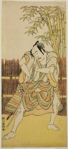 Der Schauspieler Bando Mitsugoro I als Ogata no Saburo verkleidet als Yoroya Takiemon im Stück Mure Takamatsu Yuki no Shirahata, aufgeführt im Ichimura-Theater im elften Monat, 1780
