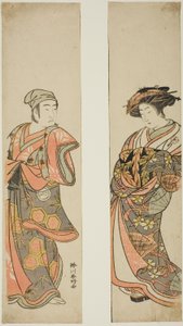 Der Schauspieler Nakamura Tomijuro I als Kurtisane (rechts) und Sawamura Sojuro III als Oyamada Taro (?) verkleidet als Tarosaku aus dem Dorf Oyamada (links) im Stück "Azuma no Mori Sakae Kusunoki," aufgeführt im Ichimura Theater im elften Monat, 1779