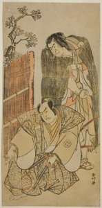 Die Schauspieler Nakamura Nakazo I als Kagekiyo verkleidet als Bettler (rechts), und Otani Hiroji III als Onio Shinzaemon (links), im Stück Kotobuki Banzei Soga, aufgeführt im Ichimura Theater im dritten Monat, 1783