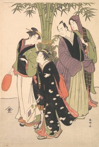 Kabuki-Schauspieler Segawa Kikunojo III und Ichikawa Monnosuke II und zwei Kurtisanen feiern..., ca. 1790er