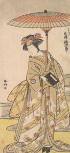 Mimasu Tokujuro als Frau, die in der Nähe eines gewundenen Baches steht, ca. 1780
