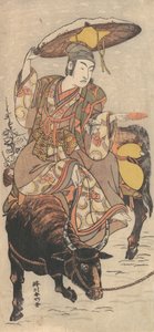 Der Schauspieler Matsumoto Koshiro IV auf einem Ochsen in einem Schneesturm, ca. 1790 von Katsukawa Shunko