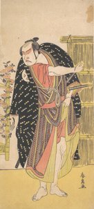 Der dritte Otani Hiroji als Samurai, der neben einem hohen Zaun steht, ca. 1785