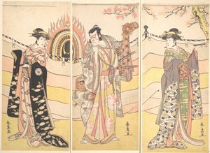 Drei Schauspieler in schönen Kostümen führen einen religiösen Tanz auf, ca. 1785 von Katsukawa Shunsen