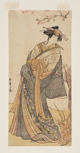 Schauspieler Segawa Tomisaburo II als hohe Kurtisane in einem Raum stehend von Katsukawa Shunsho