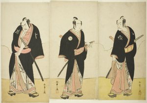 Schauspieler Ichikawa Danjūrō V als Gokuin Sen’emon, Bandō Mitsugorō I als An no Heibei und Nakamura Sukegorō II als Kaminari Shōkurō in „Ein Soga-Drama am ersten Festtag im Vergnügungsviertel“ („Hatsumombi Kuruwa Soga“) von Katsukawa Shunsho