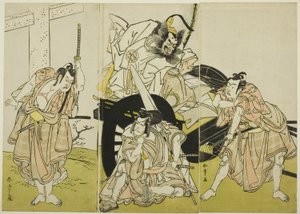 Schauspieler Nakajima Mihoemon II als Fujiwara no Shihei, Ichikawa Ebizō III als Matsuo-maru, Ichikawa Yaozō II als Sakura-maru und Ichimura Uzaemon IX als Umeo-maru in „Sugawaras Geheimnisse der Kalligraphie“ („Sugawara denju tenarai kagami“) von Katsukawa Shunsho