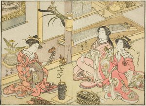 Kurtisanen des Kadotsutaya, aus dem Buch "Spiegel der schönen Frauen der Vergnügungsviertel (Seiro bijin awase sugata kagami)," Bd. 1 von Katsukawa Shunsho