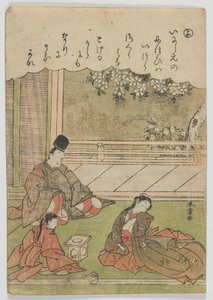 Moderne Brokatbilder der Geschichten von Ise: yo, Ein Mann trifft eine ehemalige Geliebte, die jetzt in einem Provinzhaushalt dient, Edo-Periode, ca. 1772-73 von Katsukawa Shunsho