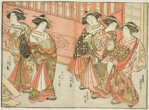 Fünf Kurtisanen verschiedener Häuser, aus dem Buch "Spiegel der schönen Frauen der Vergnügungsviertel (Seiro bijin awase sugata kagami)," Bd. 3 von Katsukawa Shunsho