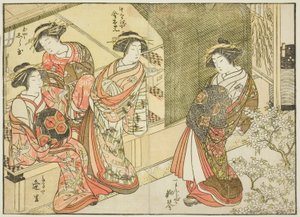 Vier Kurtisanen verschiedener Häuser, aus dem Buch "Spiegel der schönen Frauen der Vergnügungsviertel (Seiro bijin awase sugata kagami)," Bd. 3