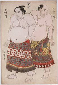 Ganzkörperporträts von Ringern aus der östlichen Gruppe, Uzugafuchi rechts und Onogawa links von Katsukawa Shunsho