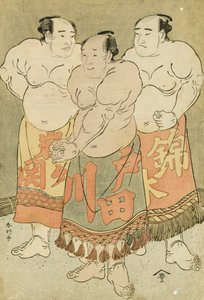 Ganzkörperporträts der Ringer Nishikigi, Todagawa und Iwagaseki, die sich im Ring präsentieren von Katsukawa Shunsho