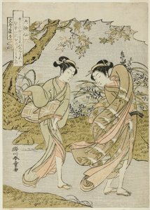 Funya no Yasuhide, zwei Frauen in einer windigen Herbstlandschaft, aus der Serie "Rokkasen (Die sechs unsterblichen Dichter)"