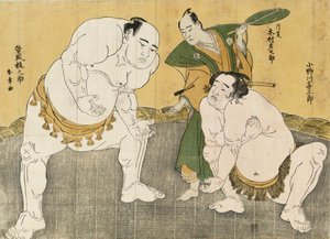 Onagawa Kisaburo und Tanikaze Kajinosuke führen den Shiriki im Dohyo auf, geleitet von Kimura Shonosuke