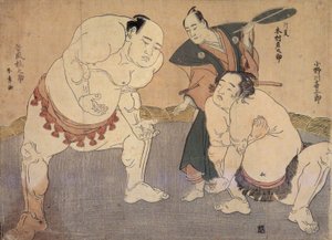Onagawa Kisaburo und Tanikaze Kajinosuke führen den Shiriki im Dohyo auf, geleitet von Kimura Shonosuke