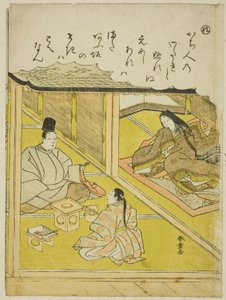 "Re": Der kaiserliche Jäger, aus der Serie "Geschichten von Ise in modischen Brokatbildern (Furyu nishiki-e Ise monogatari)" von Katsukawa Shunsho