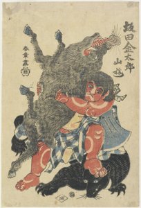 Sakata Kintaro spielt mit wilden Tieren im Gebirge, Ende des 18. Jahrhunderts