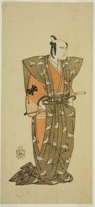 Der Schauspieler Bando Mitsugoro I als Soga no Juro Sukenari (?) im Stück Shuen Soga Omugaeshi (?), aufgeführt im Ichimura-Theater (?) im zweiten Monat, 1768 (?) von Katsukawa Shunsho