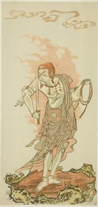Der Schauspieler Ichikawa Danjuro V als buddhistische Gottheit Fudo in der Schlussszene aus dem ersten Teil des Stücks Fuki Kaete Tsuki mo Yoshiwara (Reedach: Der Mond scheint auch über dem Vergnügungsviertel Yoshiwara), aufgeführt im Morita-Theater ab dem von Katsukawa Shunsho