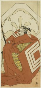Der Schauspieler Ichikawa Danjuro V in einer "Shibaraku"-Rolle, wahrscheinlich als Kato Hyoeisa Shigemitsu, in der dritten Szene des Stücks Masakado Kammuri no Hatsuyuki (Der erste Schnee auf Taira no Masakados Hofkrone), aufgeführt im Nakamura-Theater im  von Katsukawa Shunsho