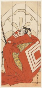 Der Schauspieler Ichikawa Danjuro V in einer "Shibaraku"-Rolle, wahrscheinlich als Kato Hyoeisa Shigemitsu, in der dritten Szene des Stücks Masakado Kammuri no Hatsuyuki (Der erste Schnee auf Taira no Masakados Hofkrone), aufgeführt im Nakamura-Theater im  von Katsukawa Shunsho