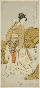 Der Schauspieler Ichikawa Monnosuke II als Shira-giku, ein Tempeldiener, im Stück Haru wa Soga Akebono-zoshi, aufgeführt im Nakamura-Theater im ersten Monat 1772 von Katsukawa Shunsho