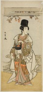 Der Schauspieler Ichikawa Monnosuke II als Hofdiener Shoheida Sadamori im Stück Masakado Kammuri no Hatsuyuki, aufgeführt im Nakamura-Theater im elften Monat, 1777 von Katsukawa Shunsho