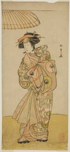 Der Schauspieler Ikushima Daikichi III als Kurtisane Naniwazu im Stück Saki Masuya Ume no Kachidoki, aufgeführt im Ichimura-Theater im elften Monat, 1777 von Katsukawa Shunsho