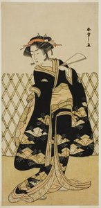 Der Schauspieler Iwai Hanshiro IV als Mitsuogiya Usukumo im Stück Shida Choja-bashira, aufgeführt im Nakamura-Theater im achten Monat, 1781