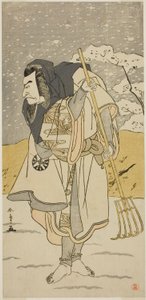 Der Schauspieler Nakamura Nakazo I als Akugenda Yoshira verkleidet als Pilger, im Stück Chigo Torii Tobiiri Kitsune, aufgeführt im Ichimura-Theater im elften Monat, 1777 von Katsukawa Shunsho