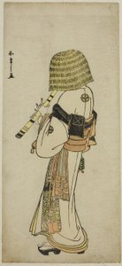 Der Schauspieler Nakamura Nakazo I als Kakogawa Honzo in Komuso-Kleidung im Stück Kanadehon Chushingura, ca. 1783 (Farbholzschnitt; Hosoban) von Katsukawa Shunsho