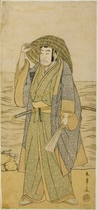 Der Schauspieler Nakamura Nakazo I als Kume no Heinaizaemon verkleidet als Straßenwahrsager Kosaka Jinnai, im Stück Kotobuki Banzei Soga, aufgeführt im Ichimura Theater im fünften Monat, 1783 von Katsukawa Shunsho