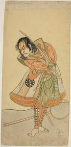 Der Schauspieler Nakamura Nakazo I als Tezuka no Taro Mitsumori verkleidet als Affentrainer Tonkichi Tochibei, im Stück Soga Moyo Aigo no Wakamatsu, aufgeführt im Nakamura Theater im ersten Monat, 1769