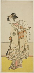 Der Schauspieler Nakamura Noshio I als Oiso no Tora (?) im Stück Shida Yuzuriha Horai Soga (?), aufgeführt im Morita Theater (?) im ersten Monat, 1775 (?)