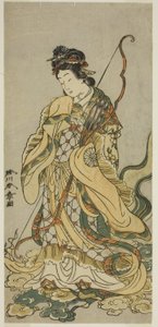 Der Schauspieler Nakamura Noshio I als Göttin Benzaiten von Enoshima im Stück Onno Aruji Hatsuyuki no Sekai, aufgeführt im Morita Theater im elften Monat, ca. 1773 von Katsukawa Shunsho