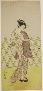Der Schauspieler Nakamura Riko I als Hakata no Kojoro (?) im Stück Shitenno-ji Nobori Kuyo, aufgeführt im Ichimura-Theater im achten Monat, 1773