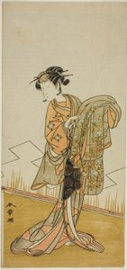 Der Schauspieler Nakamura Riko I als die Kurtisane Wakamatsu (?) im Stück Gohiiki Kanjincho (?), aufgeführt im Nakamura-Theater (?) im elften Monat, 1773 (?)